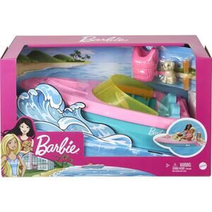 Barbie Toy Boat with Pet Puppy, Life Vest & Beverage Accessories